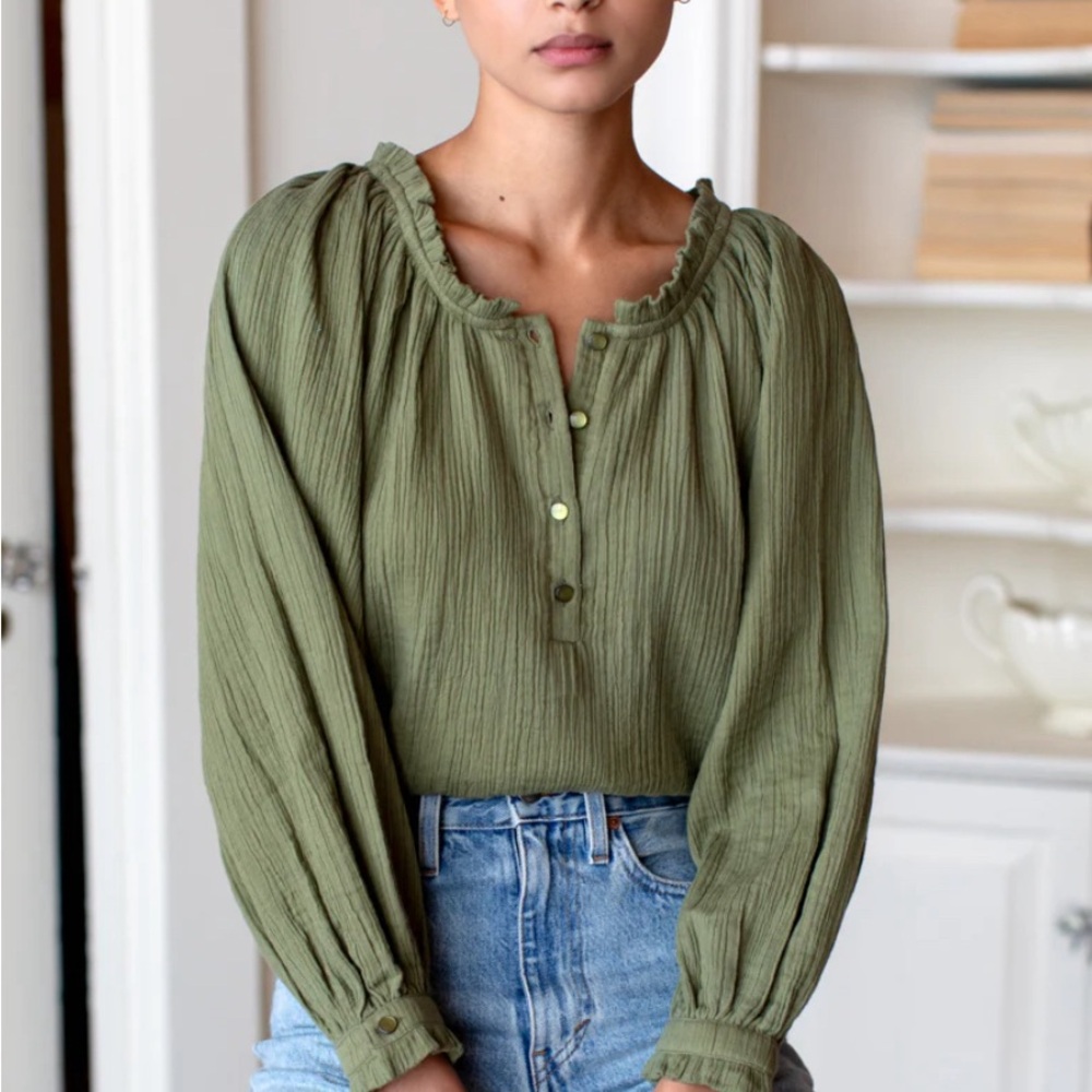 Emerson Fry Olive Green Ruffled Henley Blouse